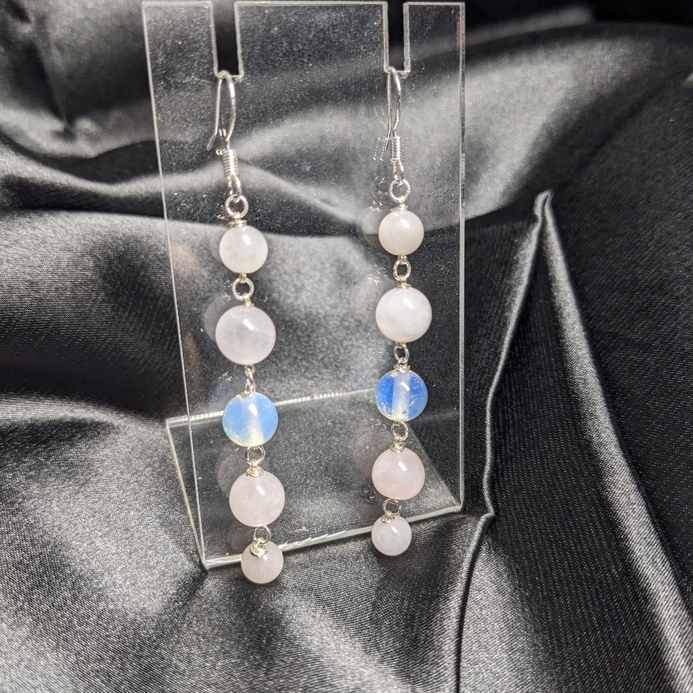ROSE QUARTZ & MOONSTONE Earrings Dangle Long Handmade Crystal Beads Pink Cute - Picture 11 of 11